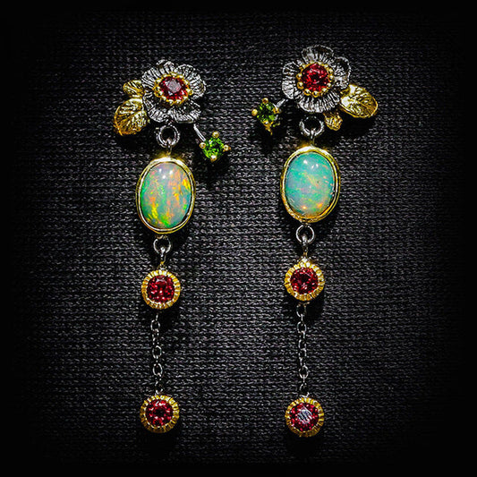 Boucles d’Oreilles Vintage en Or Ornées d’Opale Bleue et de Cristaux Rouges