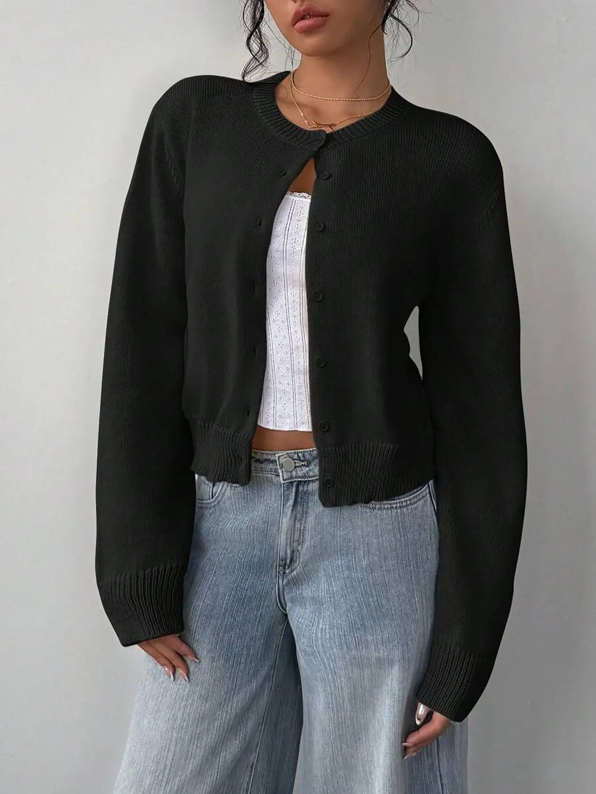 Gilet Boutonné en Maille – Cardigan Ajusté à Manches Longues