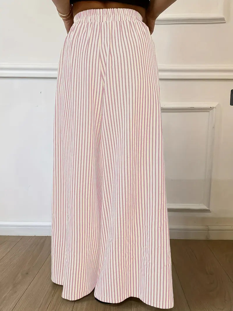 Pantalon Large à Rayures Verticales – Taille Élastique Coupe Ample Décontractée