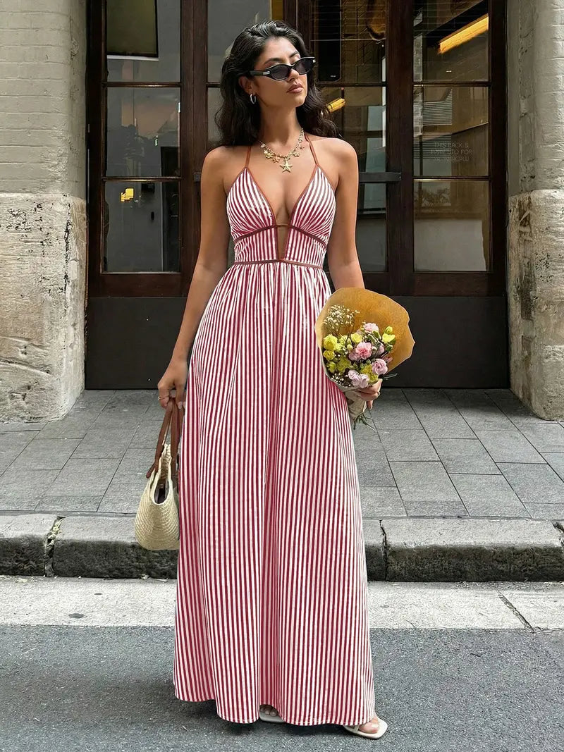 Robe Longue Licou Col V Plongeant – Robe de Soirée Dos Nu