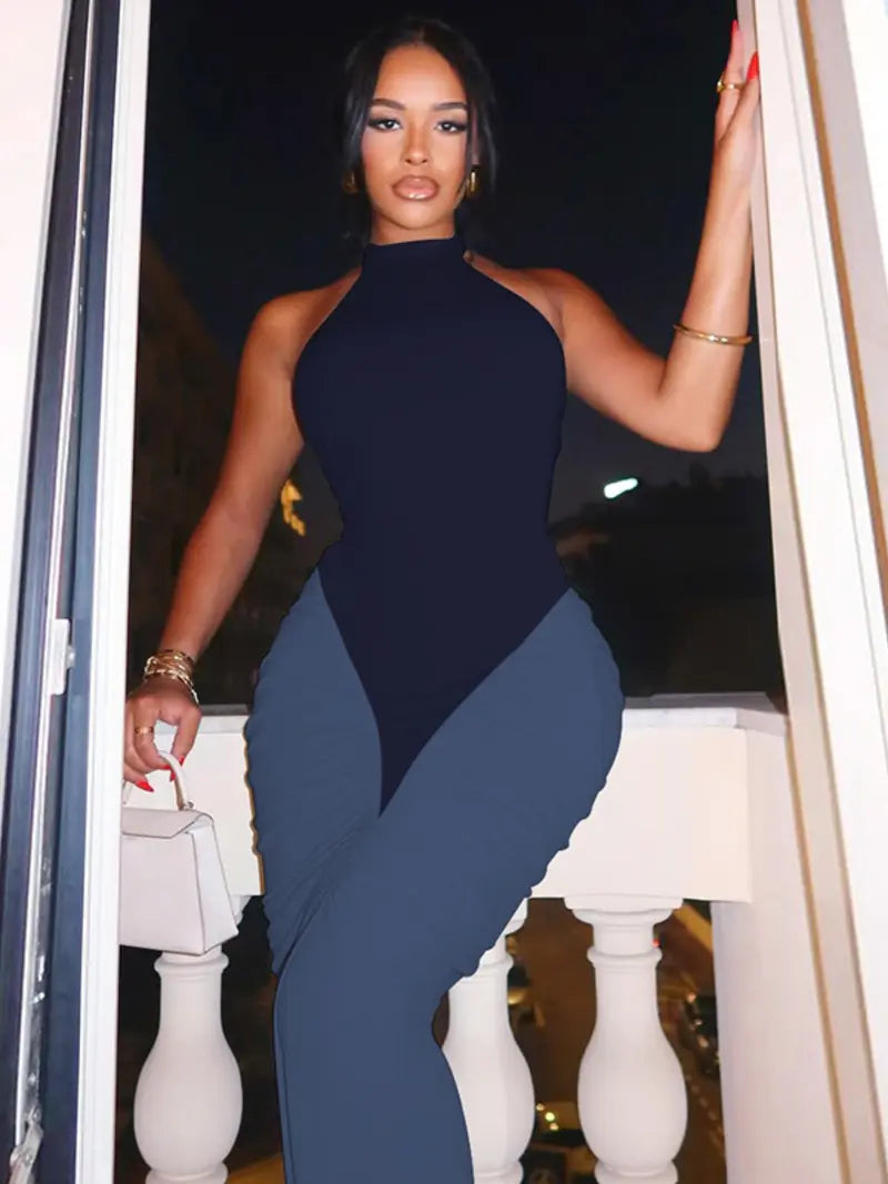 Robe Longue Moulante Color Block – Dos Nu Élégant avec Encolure Licou