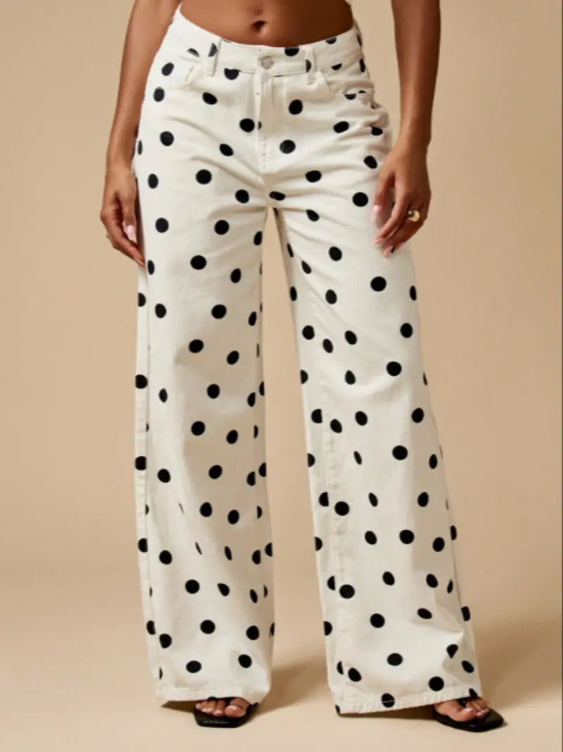 Pantalon Large à Pois Abstraits – Taille Haute Bohème avec Poches