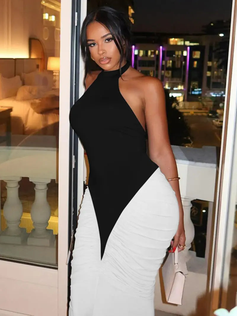 Robe Longue Moulante Color Block – Dos Nu Élégant avec Encolure Licou