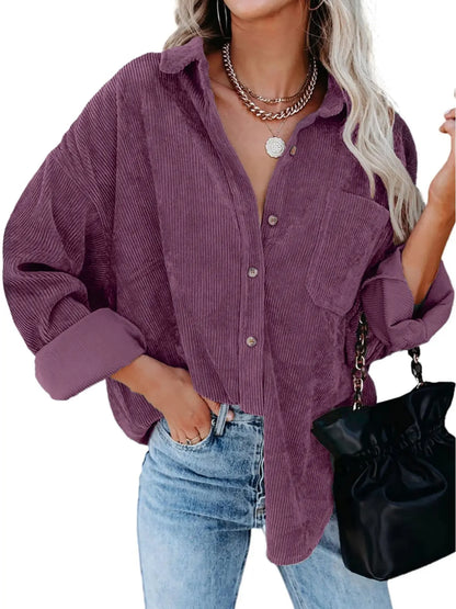 Chemise en Velours Côtelé Boutonnée – Coupe Oversize à Manches Longues