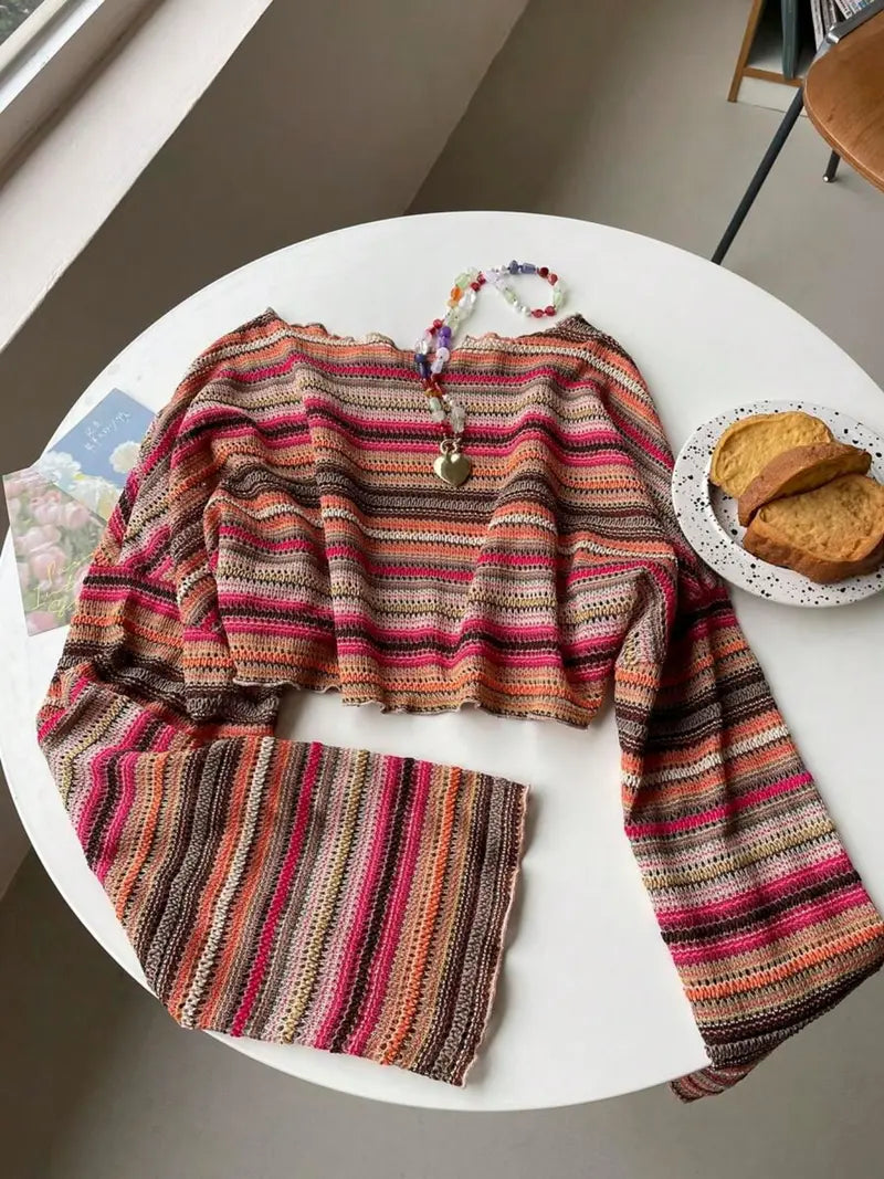 Pull en Maille Rayée Colorée – Texturé à Manches Évasées