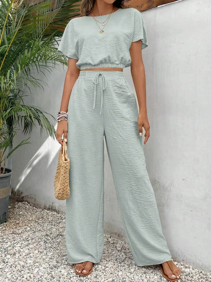Ensemble Haut Col Rond et Pantalon Large – Deux Pièces à Cordon