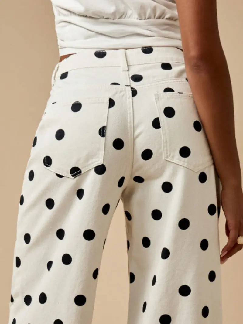 Pantalon Large à Pois Abstraits – Taille Haute Bohème avec Poches