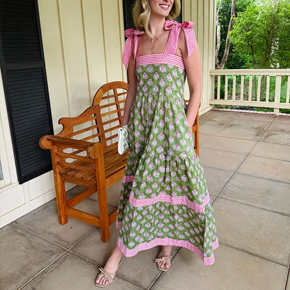 Robe Longue Bohème à Volants Fleurie – Robe d'Été Fluide sans Manches avec Poches