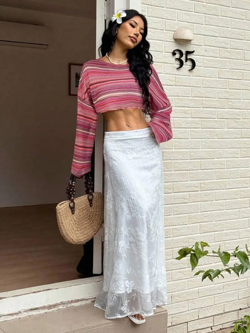 Pull en Maille Rayée Colorée – Texturé à Manches Évasées