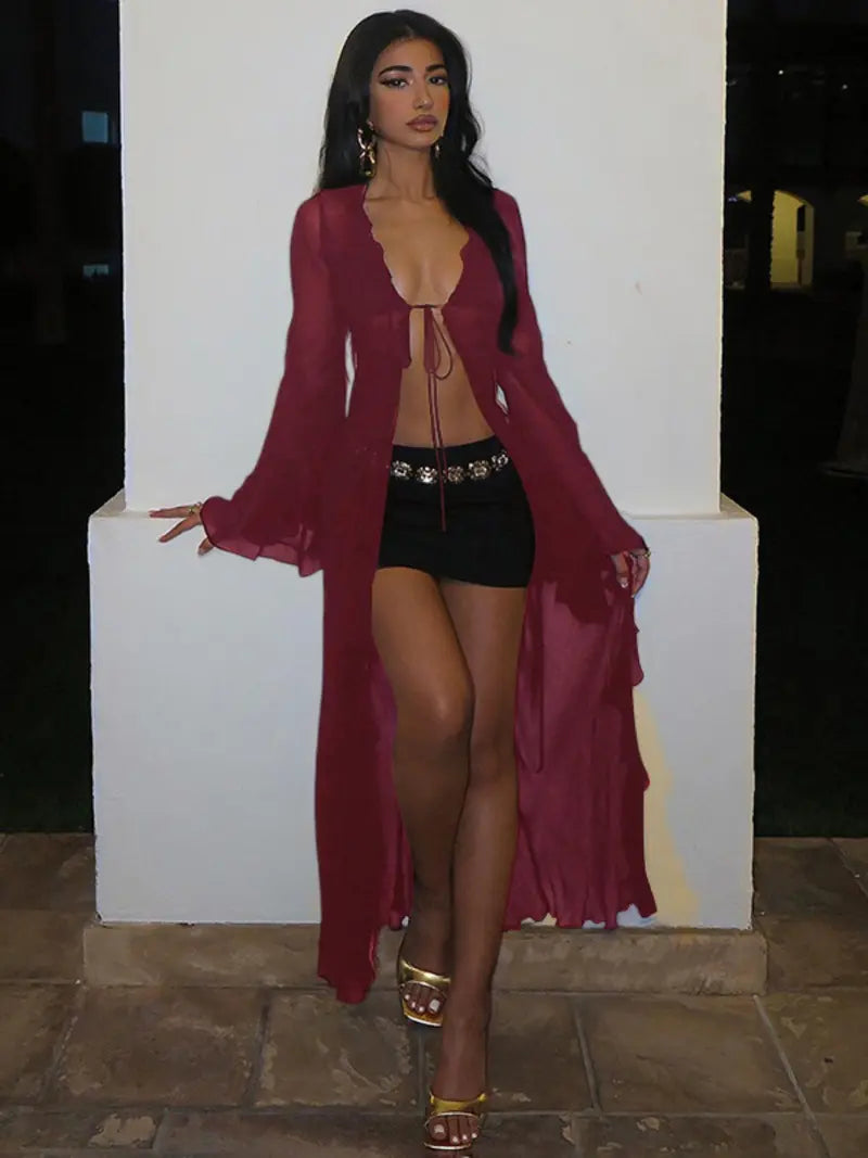 Long Gilet en Maille Transparente – Volants et Nouage sur le Devant