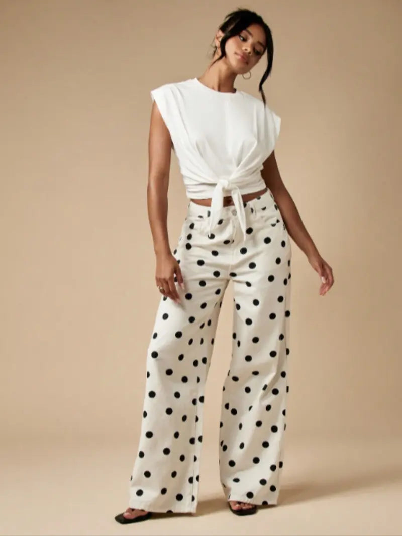 Pantalon Large à Pois Abstraits – Taille Haute Bohème avec Poches