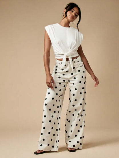 Pantalon Large à Pois Abstraits – Taille Haute Bohème avec Poches