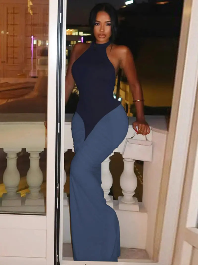 Robe Longue Moulante Color Block – Dos Nu Élégant avec Encolure Licou