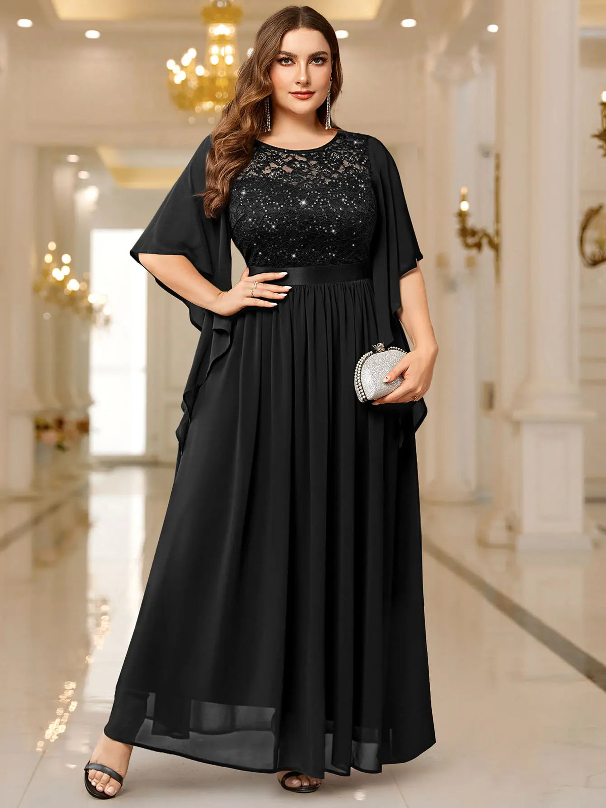 Robe Longue en Mousseline à Sequins – Manches Évasées, Tenue de Soirée