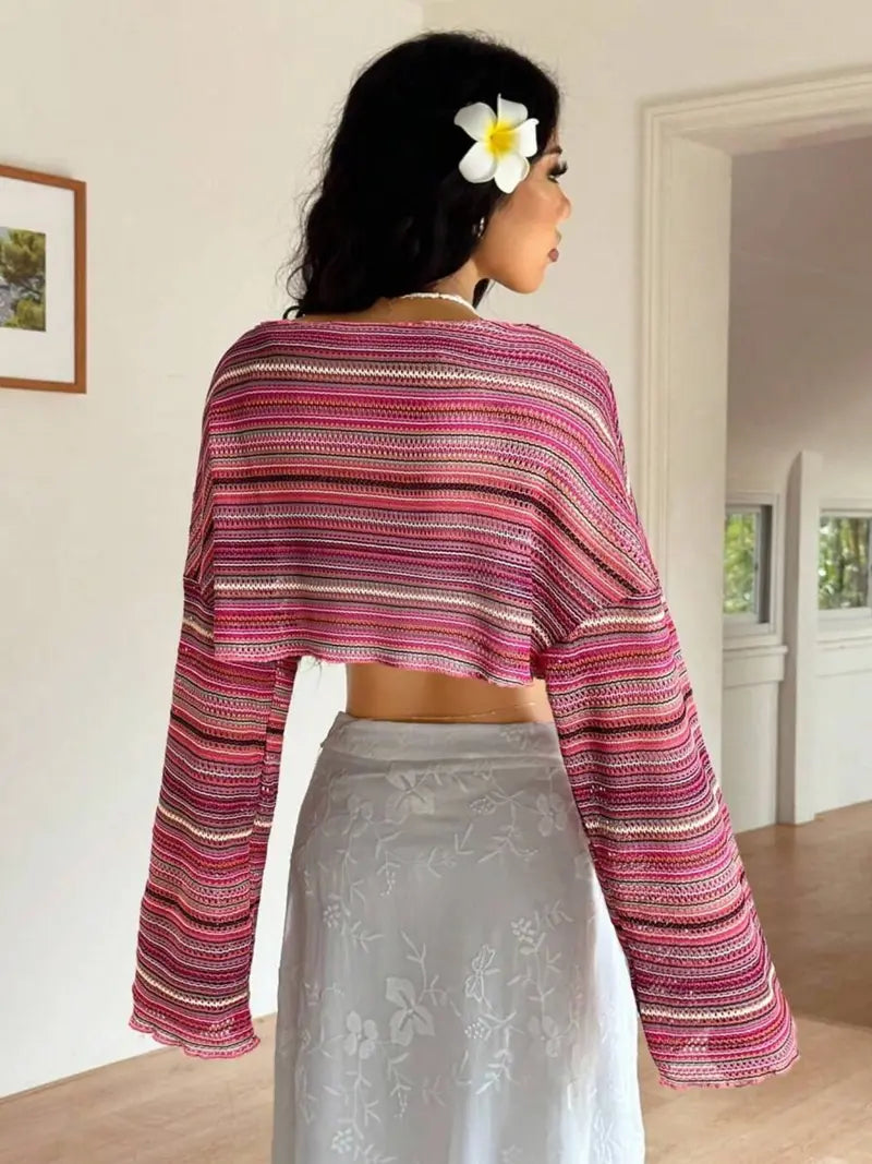 Pull en Maille Rayée Colorée – Texturé à Manches Évasées