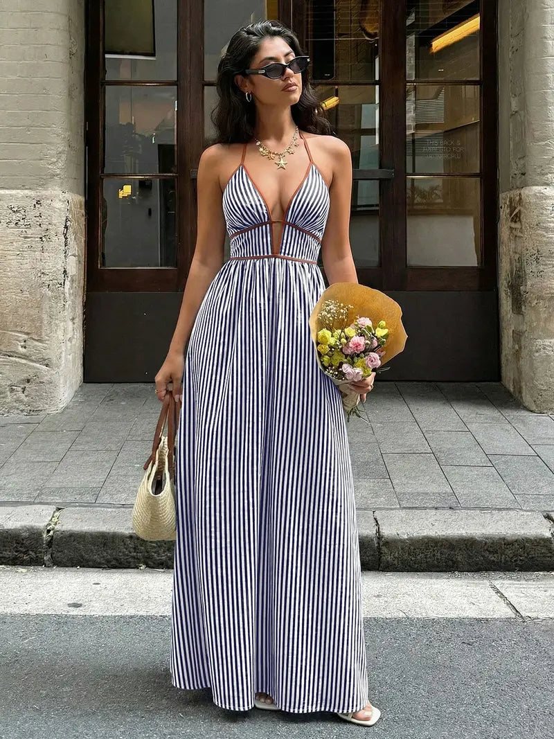 Robe Longue Licou Col V Plongeant – Robe de Soirée Dos Nu