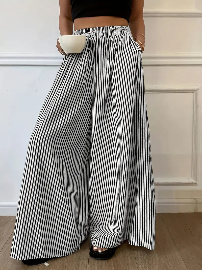 Pantalon Large à Rayures Verticales – Taille Élastique Coupe Ample Décontractée