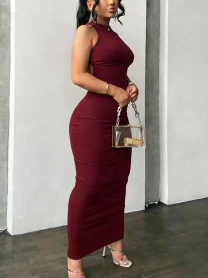 Robe Longue Moulante Dos Nu Croisé – Col Rond avec Découpes