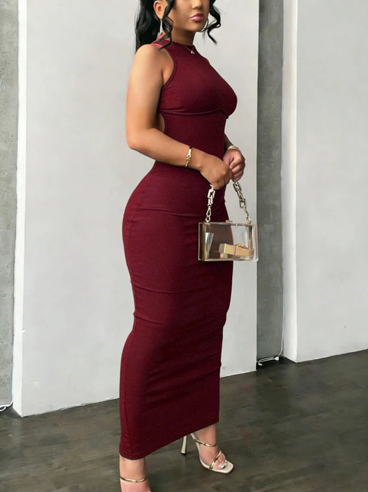 Robe Longue Moulante Dos Nu Croisé – Col Rond avec Découpes