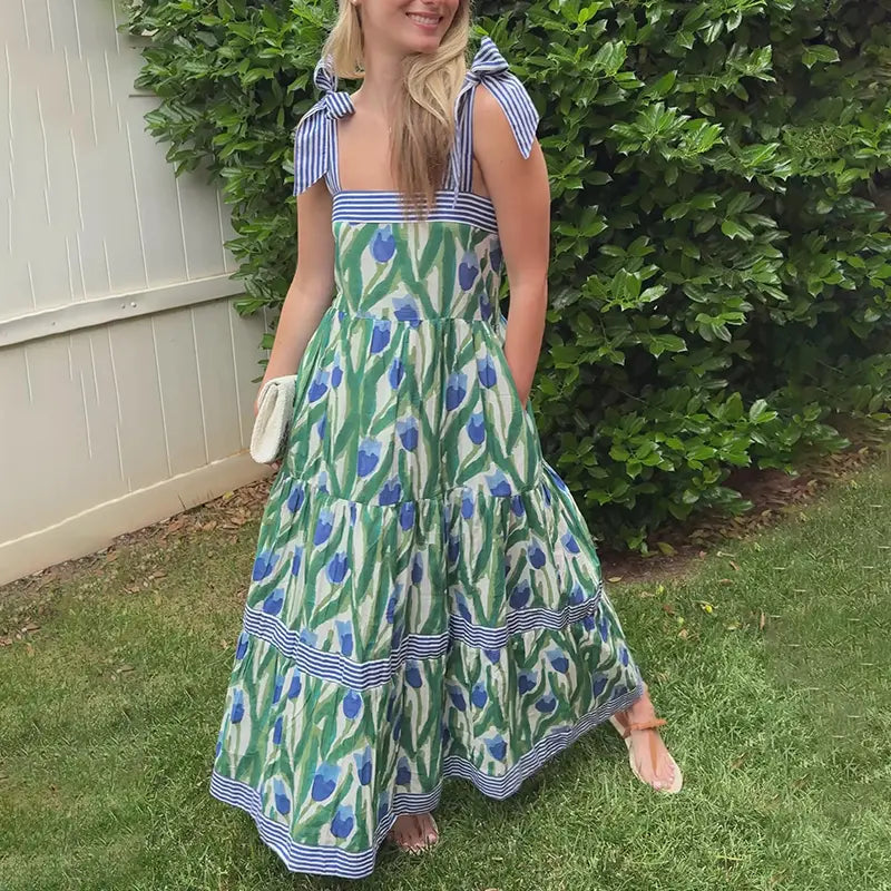 Robe Longue Bohème à Volants Fleurie – Robe d'Été Fluide sans Manches avec Poches