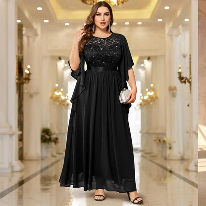 Robe Longue en Mousseline à Sequins – Manches Évasées, Tenue de Soirée