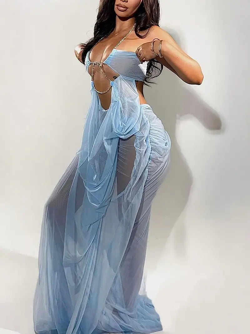 Robe Longue Dos Nu en Maille Patchwork – Robe de Soirée à Découpes