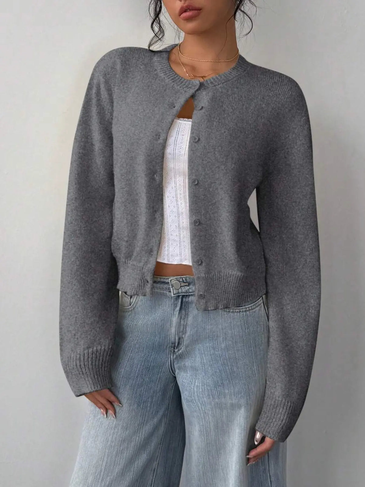Gilet Boutonné en Maille – Cardigan Ajusté à Manches Longues