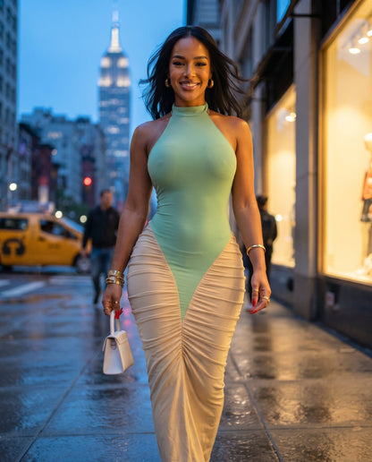 Robe Longue Moulante Color Block – Dos Nu Élégant avec Encolure Licou