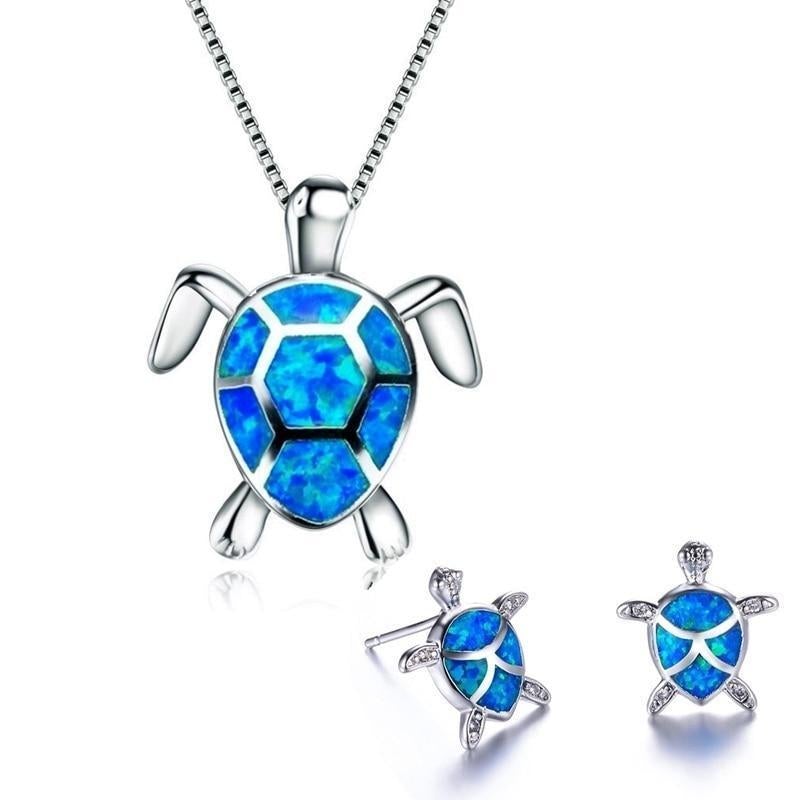 Parure Collier et Boucles d’Oreilles Tortue de Mer en Opale et Argent