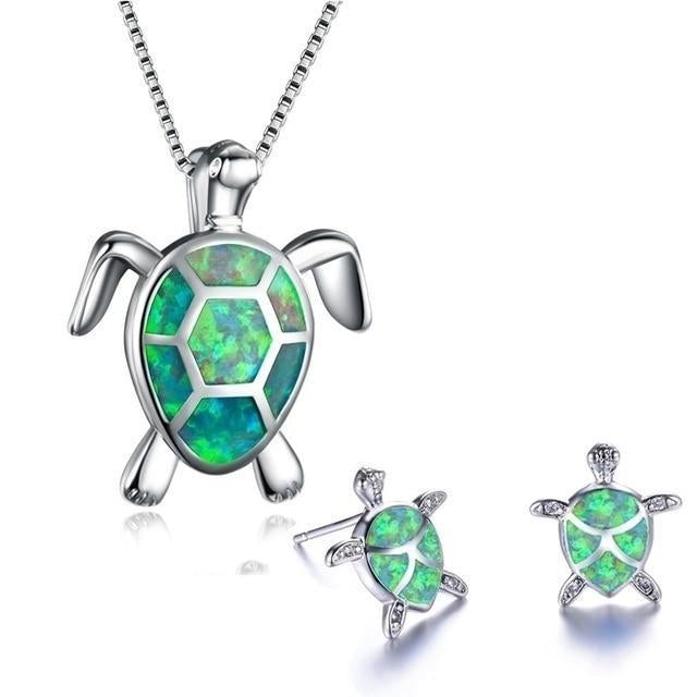 Parure Collier et Boucles d’Oreilles Tortue de Mer en Opale et Argent
