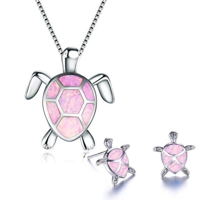 Parure Collier et Boucles d’Oreilles Tortue de Mer en Opale et Argent