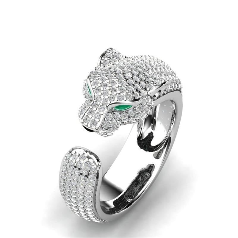Bague Jaguar Ajustable en Argent et Or Rose 18K aux Yeux de Zircons Verts
