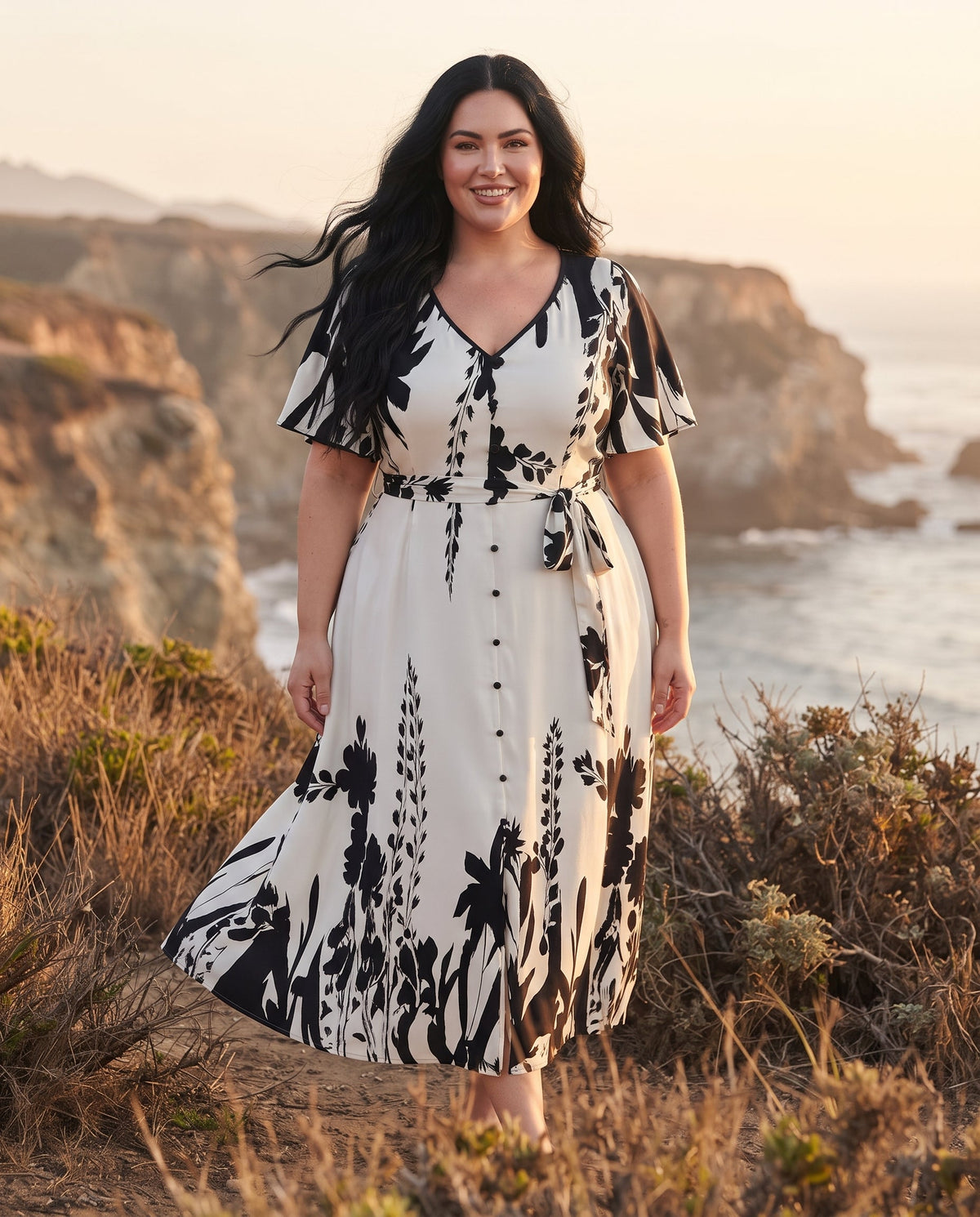 Robe Trapèze à Imprimé Floral – Col V Élégant et Taille Cintrée à Boutons