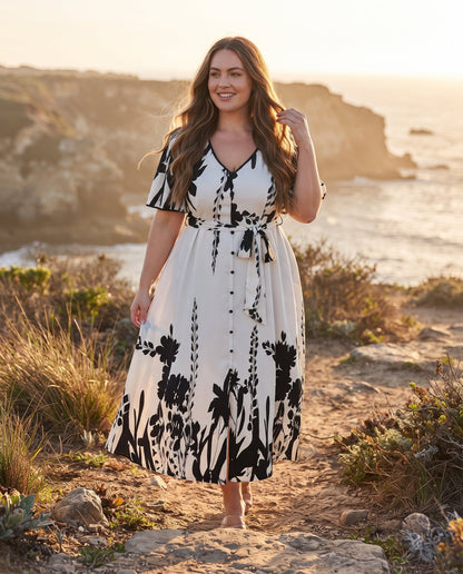 Robe Trapèze à Imprimé Floral – Col V Élégant et Taille Cintrée à Boutons