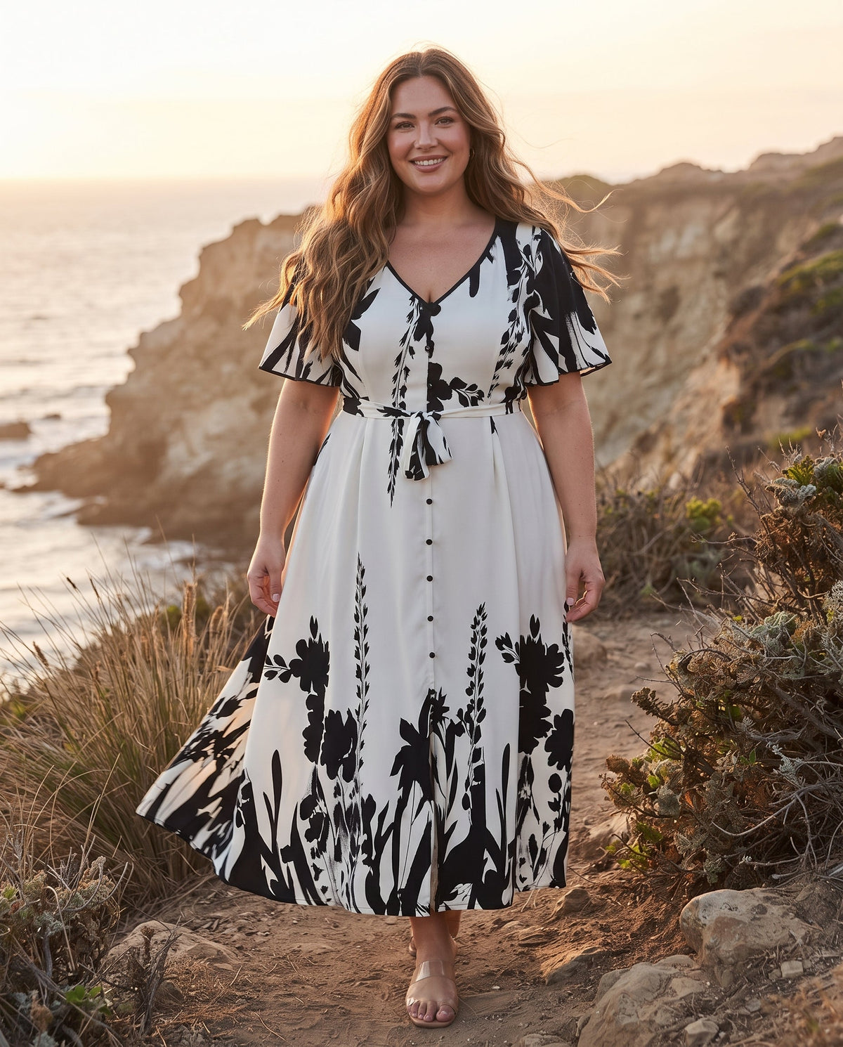 Robe Trapèze à Imprimé Floral – Col V Élégant et Taille Cintrée à Boutons