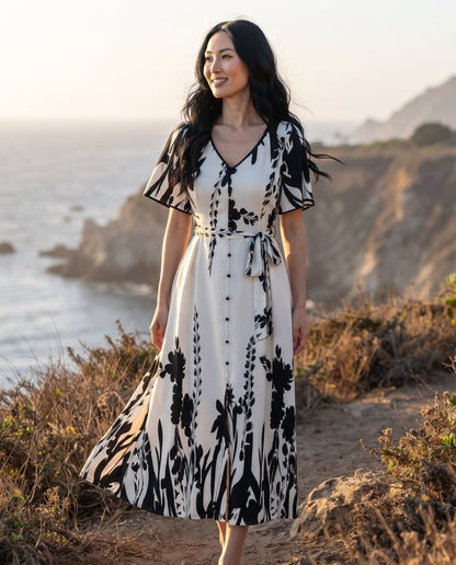 Robe Trapèze à Imprimé Floral – Col V Élégant et Taille Cintrée à Boutons