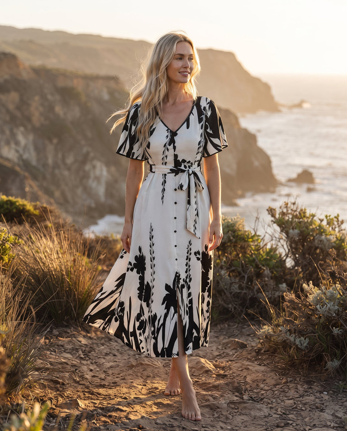 Robe Trapèze à Imprimé Floral – Col V Élégant et Taille Cintrée à Boutons