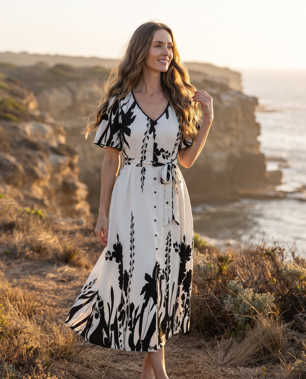 Robe Trapèze à Imprimé Floral – Col V Élégant et Taille Cintrée à Boutons